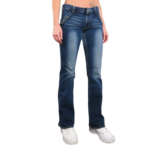 Y2k Vintage Fiorucci Angels Patch Low Rise Distressed Flared Jeans Size 11 29" - Picture 3 of 9